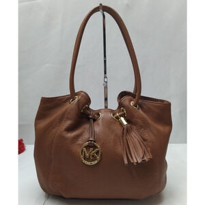 Michael Kors Brown Pebbled Leather Drawstring Tassel Shoulder Bag